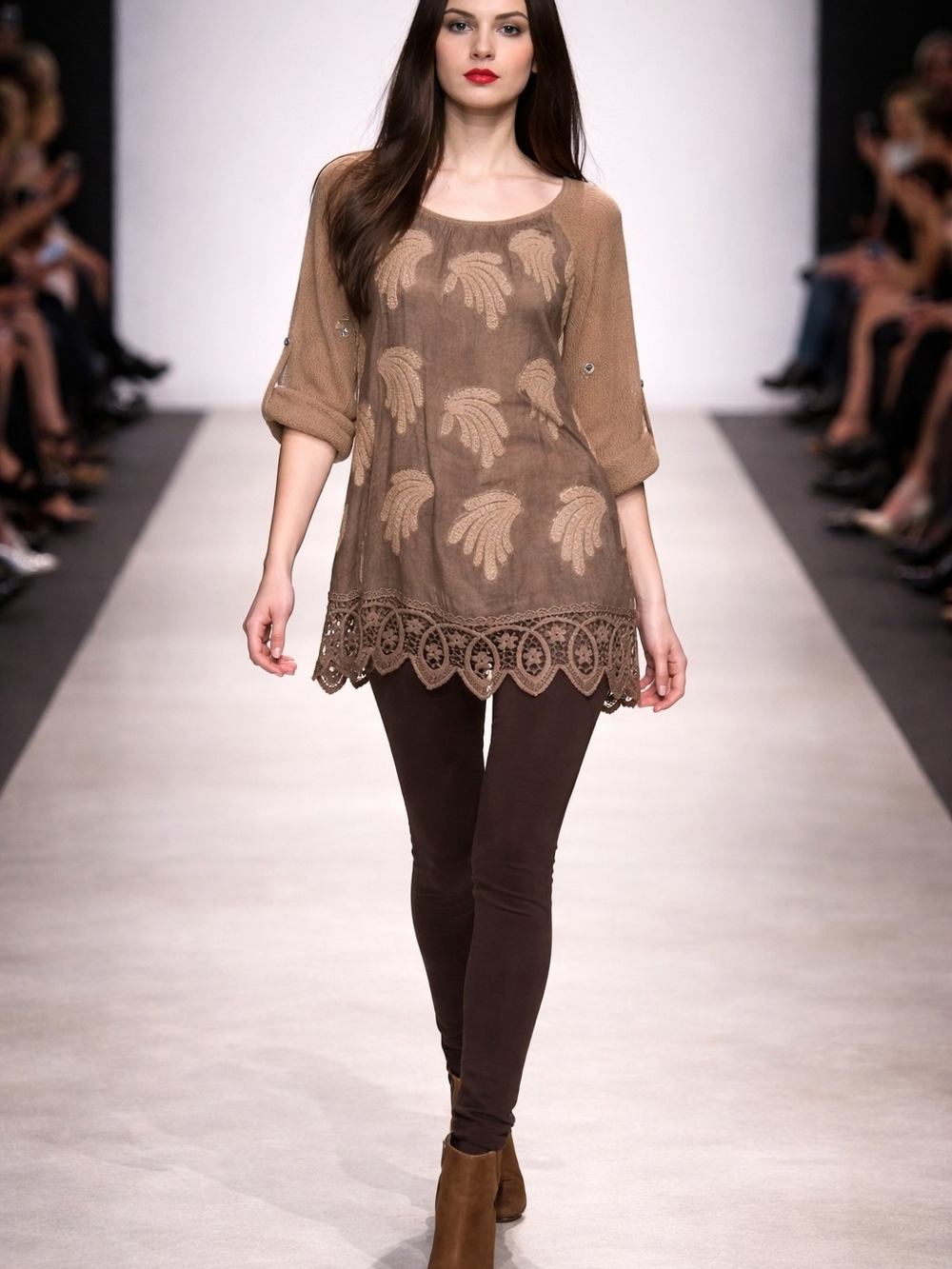 Crochet-Hem Scoop Neck Sweater Tunic in Brown